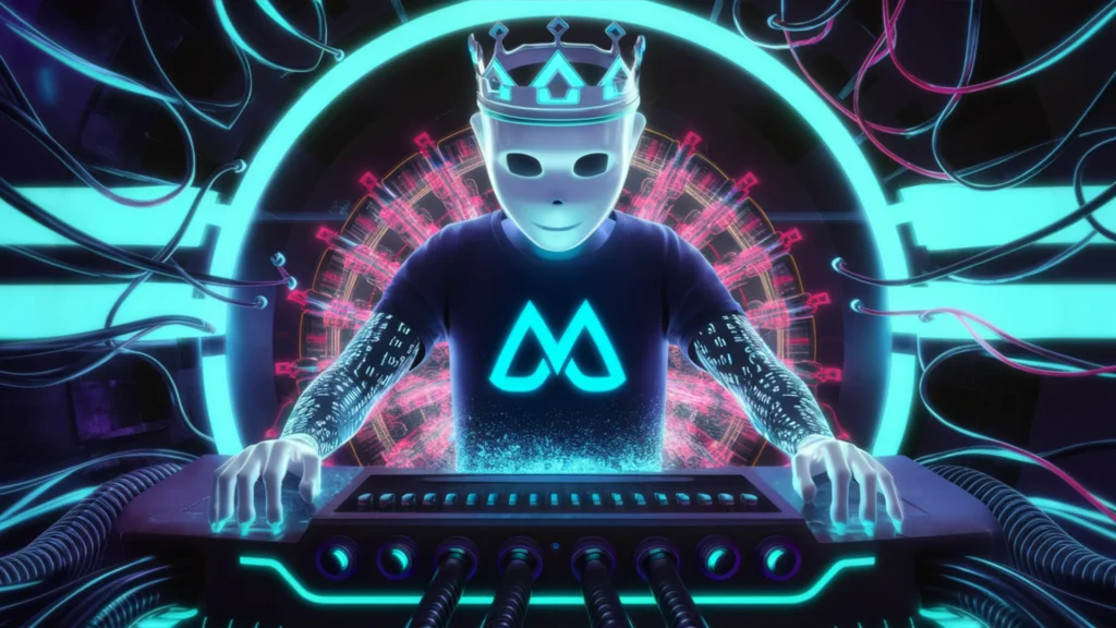 A captivating digital illustration of an artificial intelligence algorithm wearing a crown and a shirt displaying the distinctive blue Meta symbol. The AI, with a sleek and sophisticated design, a