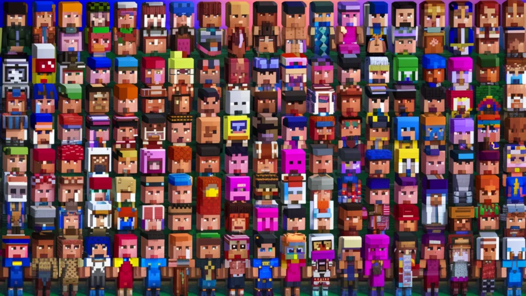 A vibrant and diverse Minecraft inspired mosaic of 1000 unique characters. Each character is beautifully crafted with distinctfeatures, clothing, and accessories, showcasing the creativity and ima