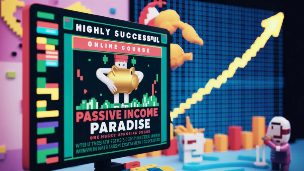 A vibrant, pixelated image of a virtual dashboard displaying a highly successful online course. The course, titled PassiveIncome Paradise, features an animated figure holding a golden piggy bank,