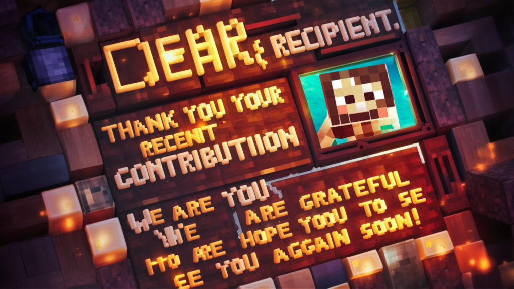 A whimsical and enchanted Minecraft inspired letter, crafted from various blocks and materials. The letter contains both text and an embedded image of a smiling villager. The text reads, Dear [Rec