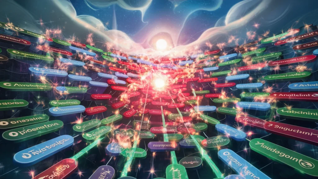 A captivating image of a digital realm where a multitude of interconnected website links are brought to life with magical energies. Each link sparkles with a vibrant color, forming a mesmerizing a