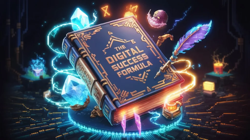 A captivating pixel art image featuring a mysterious book titled The Digital Success Formula. The book is surrounded by various magical elements, such as a glowing crystal, floating runes, and an