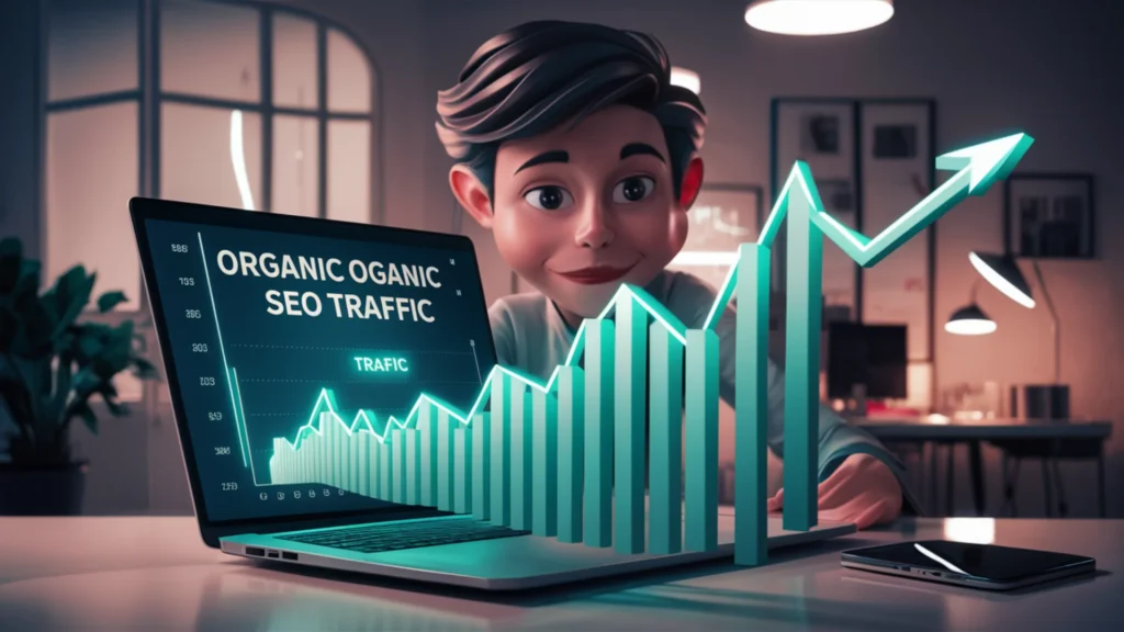 A creative and modern digital illustration featuring a young professional working on a sleek laptop. The laptop screen displays a graph with organic SEO traffic steadily increasing, represented by