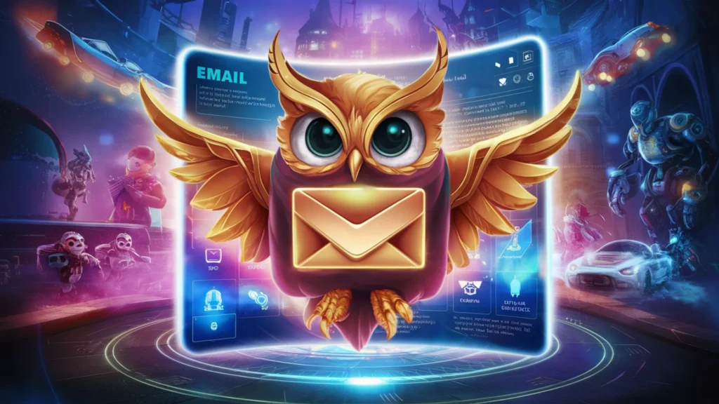 A mesmerizing digital illustration of an email in the shape of a golden, mystical owl. The owl has automated features and icons displayed on a digital screen, showcasing its advanced capabilities.