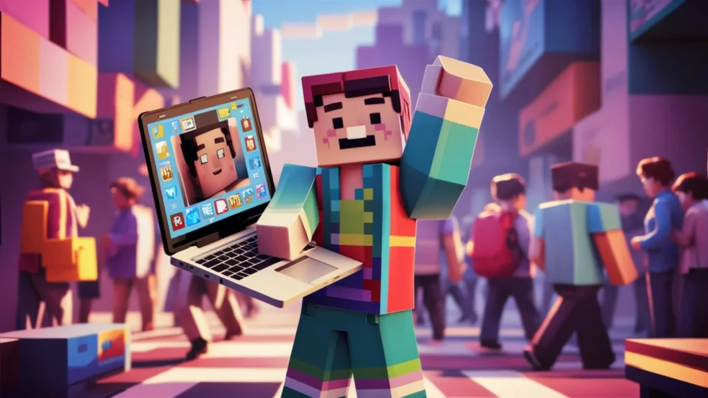 A pixelated Minecraft style freelancer is depicted in this vibrant and cheerful digital illustration. The freelancer, wearing a colorful outfit, is standing with one hand raised in a victorious ge