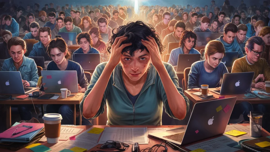 A realistic illustration of a freelancer, sweating and fidgeting with their hands, feeling the pressure of hundreds of competitors in the background. The freelancer is depicted in a casual outfit,