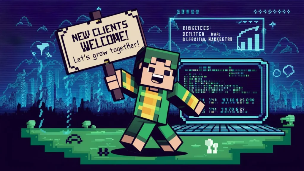 A retro, pixelated Minecraft style image of a digital marketer in a green and yellow outfit, standing on a pixelated landscape. The character is enthusiastically holding a sign that reads, New Cli