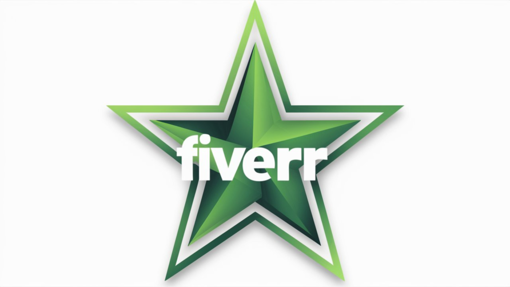 A sleek and modern logo design featuring a cool green five pointed star, symbolizing Fiverr. The star's edges are sharp and angular, giving it a futuristic feel. The green color is vibrant and eye