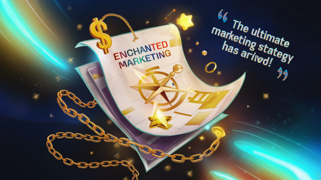 An imaginative scene of an enchanted marketing paper floating in mid air, surrounded by bright, mesmerizing colors. The paper has a symbol of a golden dollar sign, a compass, and a glowing star. I