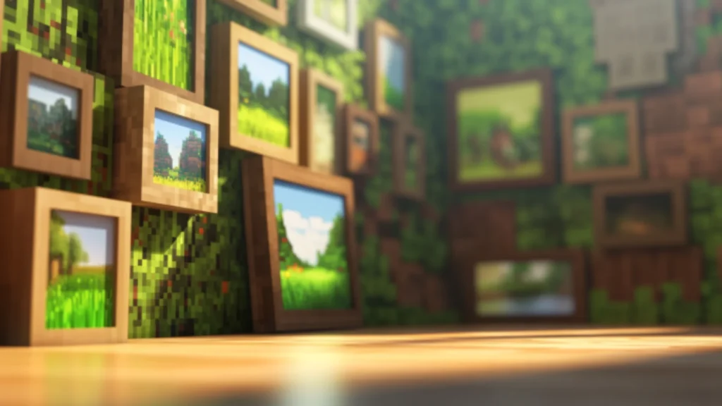 a minecraft pixelated style image of many nature picture frames as a reference to meta tagging images