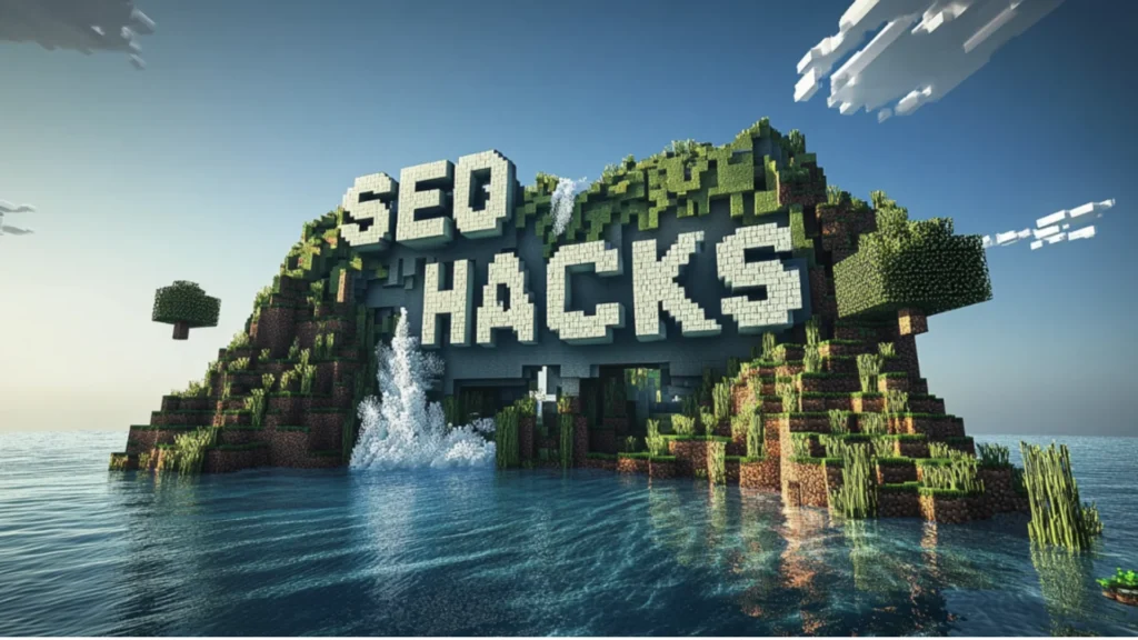 a minecraft style island with the title seo hacks