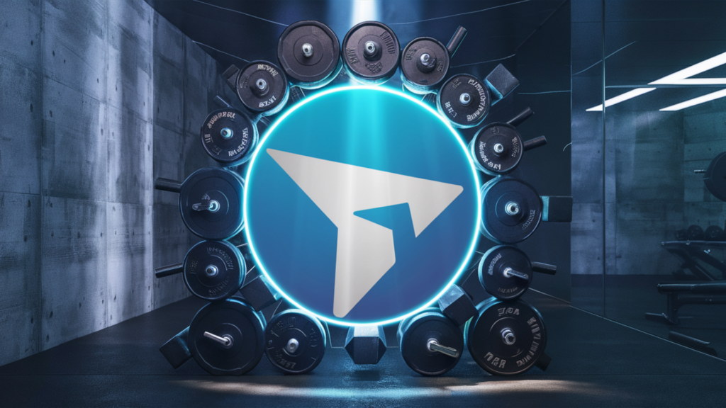 A captivating image featuring gym weights of diverse shapes and sizes meticulously arranged to form the iconic Telegram logo. The logo is highlighted in a vibrant blue hue, radiating against the n