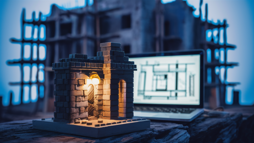 A captivating image of a small project, a miniature representation of a grander, unfinished construction. The tiny project has intricate details, with carefully placed bricks and a small light ill