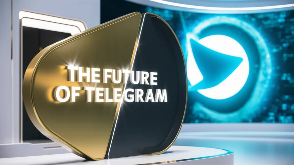 A futuristic and sleek sign, half gold and half dark, with the title The Future of Telegram shining brightly. The background features a massive Telegram logo, glowing with a vibrant blue hue. The (1)