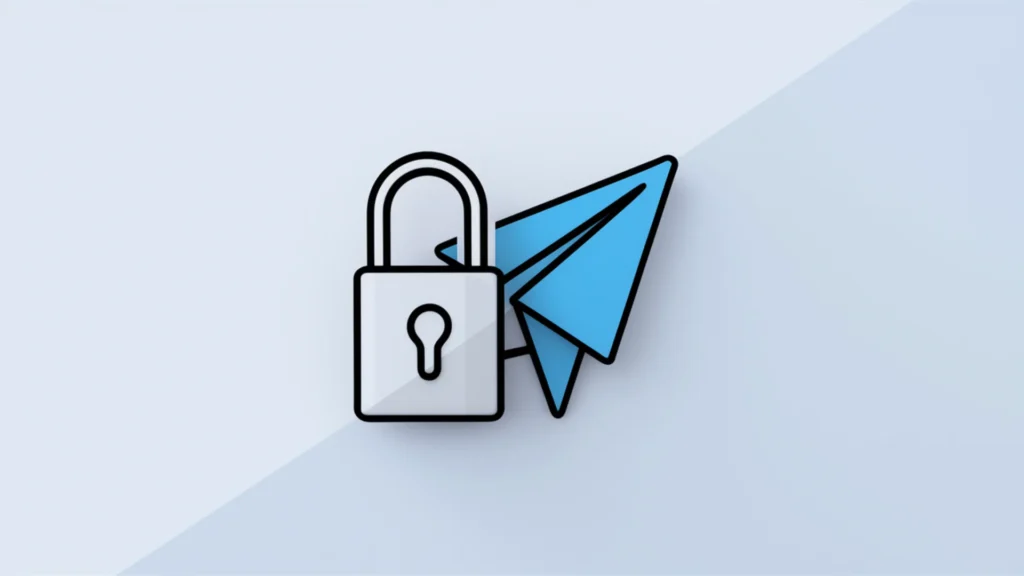 A minimalist and stylish digital illustration of a privacy symbol, represented by a padlock, placed next to the iconic blue paper airplane icon of Telegram, a popular messaging app. The privacy sy