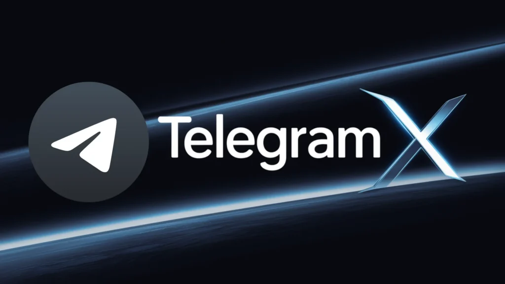 A sleek and futuristic design featuring the Telegram X logo, which is a dark blue telegram icon with a sleek, modern appearance. The title Telegram X is displayed prominently in a cutting edge fon