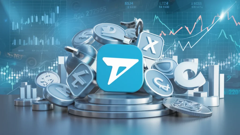 A sleek and modern financial illustration with investing objects surrounding a telegram icon in the center. The telegram icon is slightly larger, giving prominence to its central role. The backgro