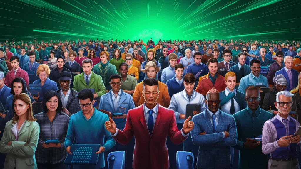 A striking digital image of an army of diverse freelancers, each with their unique attire, gathered in a formation against a vibrant green background. The freelancers are illustrated in different