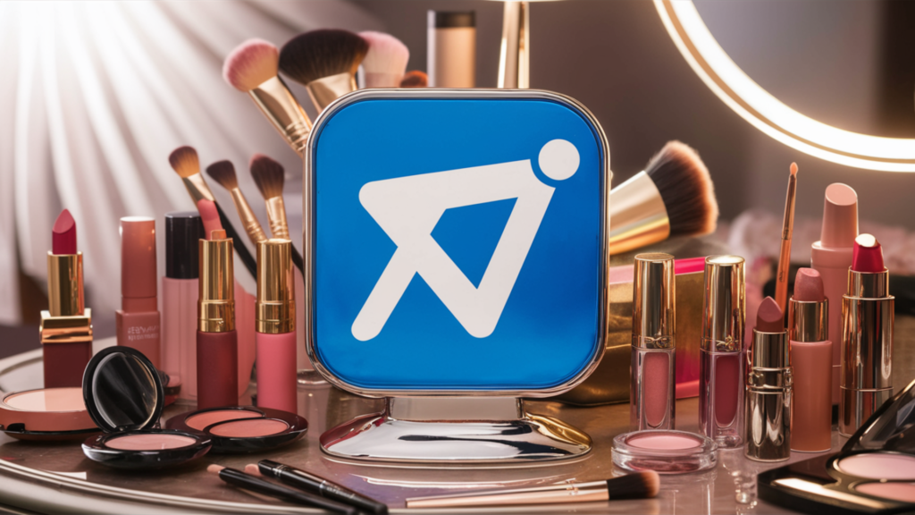 A stylish and chic setup featuring a blue telegram icon as the centerpiece. The icon is surrounded by an array of exquisite makeup and beauty products, including a variety of lipsticks, eyeshadows