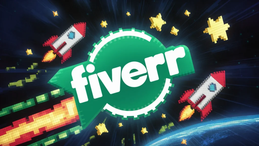 A vibrant digital artwork featuring the famous Fiverr logo, reimagined in a green hue. Surrounding the logo are pixelated rockets and stars, creating a cosmic, outer space atmosphere. The rockets