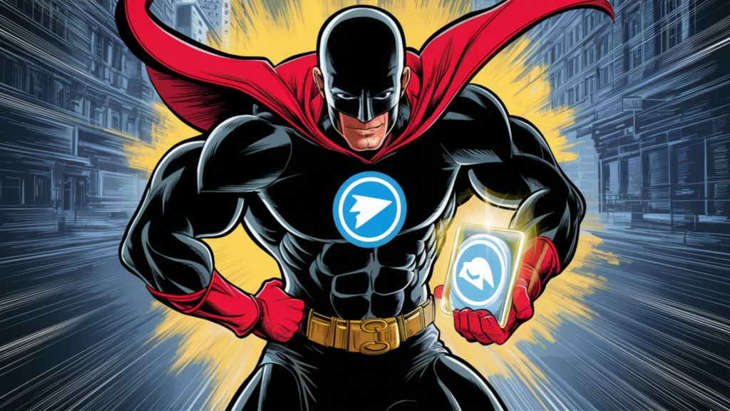 A vivid and dynamic illustration of a telegram icon character, a muscular superhero with a sleek black suit, a red cape, and a telegram shaped emblem on his chest. His powerful muscles are accentu