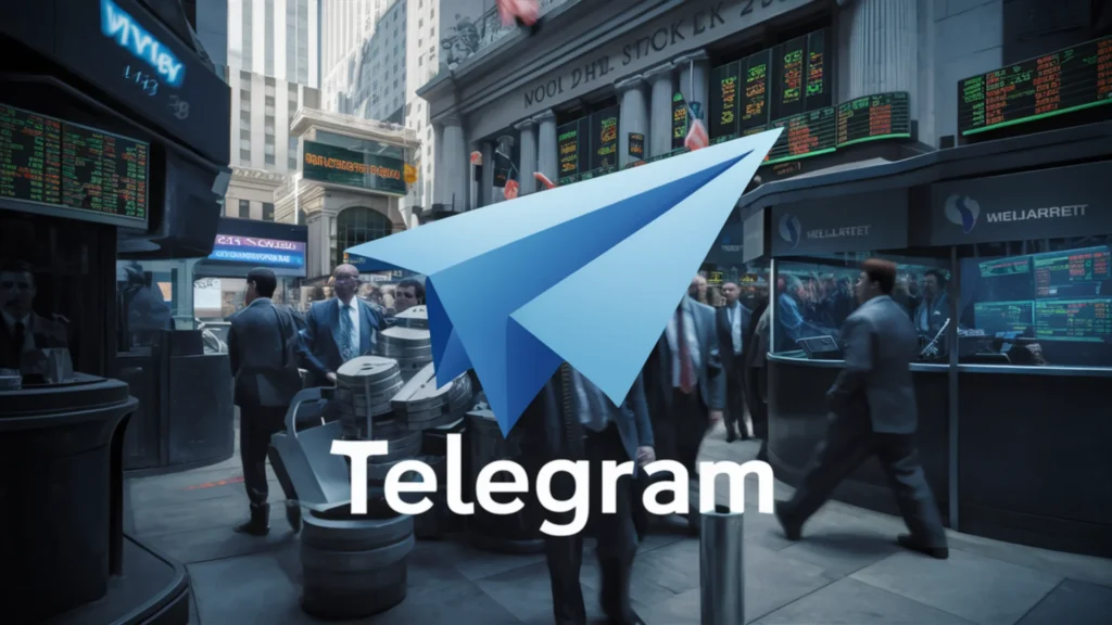 A well designed digital illustration of the Telegram logo, with its iconic paper airplane. Behind the logo, we see the bustling Wall Street stock market, complete with traders, a stock ticker, and