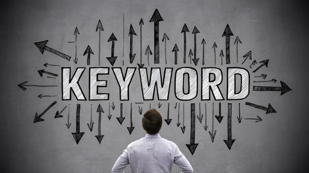 The word Keyword, with many arrows that comes out of it in different directions, and a man looking at it