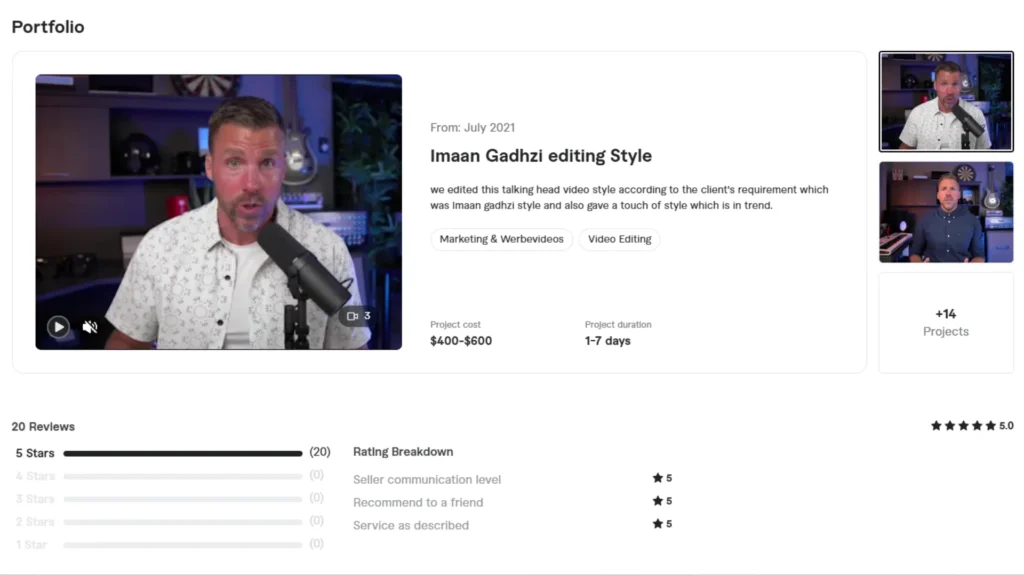 portfolio and reviews screenshot on fiverr website