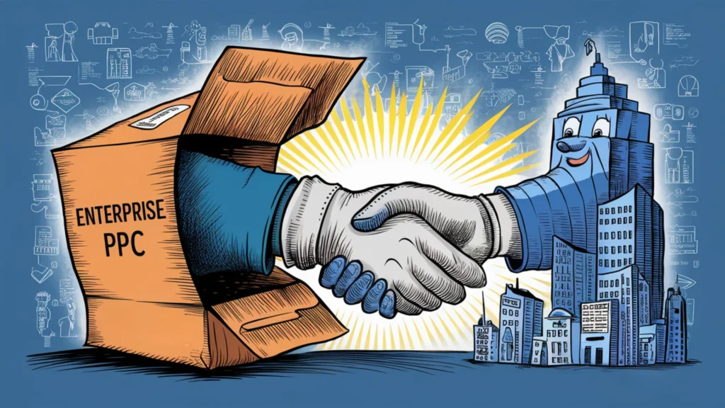 A clever illustration of a package labeled Enterprise PPC opening up, revealing a gloved hand emerging from within. The hand is extending to shake hands with a stylized representation of a busines