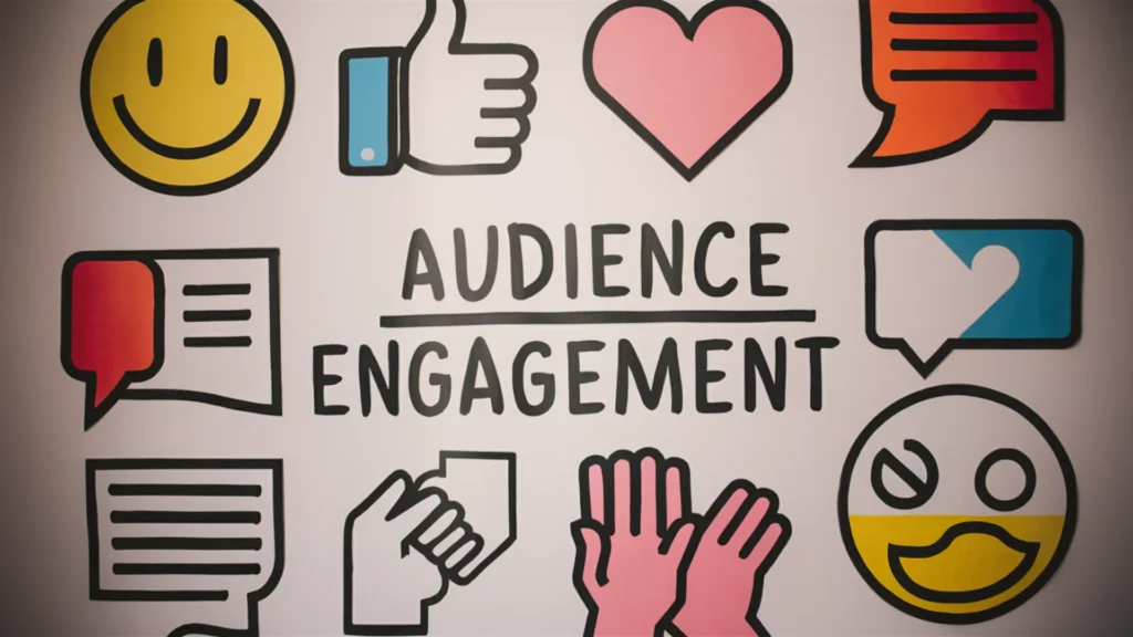 A creative display of audience engagement icons, featuring various visual elements that symbolize interaction and connection. These include a smiling face, a thumbs up, a heart, a comment bubble,