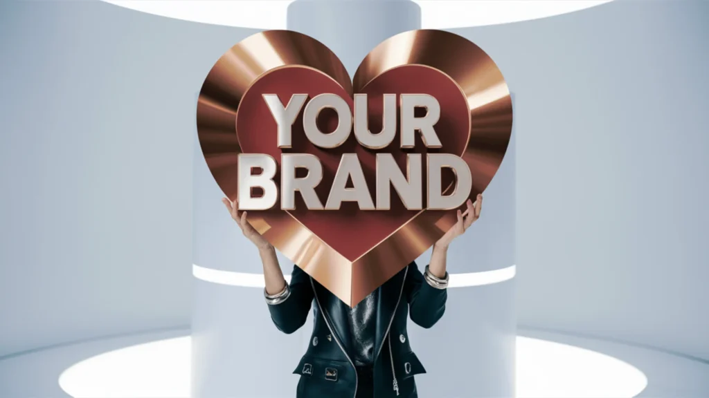 A creative marketing photo features a customer holding a 3D heart shaped sign with the words YOUR BRAND prominently displayed. The heart is made of metallic material, reflecting the light and givi