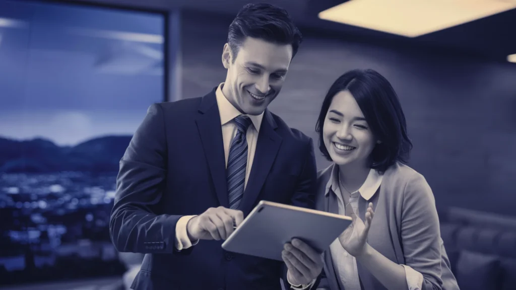 A professional businessman, dressed in a sharp suit, confidently presents a sleek tablet to a smiling and satisfied client. The client, wearing a casual yet elegant outfit, appears to be thoroughl