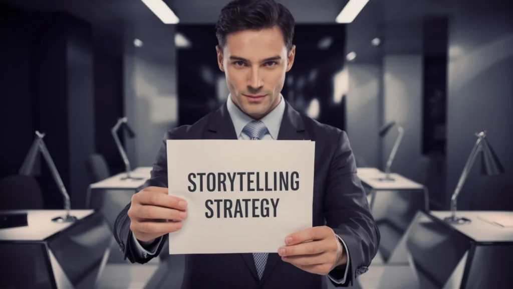 A professional businessman, exuding confidence, holds a piece of paper that reads Storytelling Strategy. He is dressed in a sharp suit and tie, and his focused eyes speak of his determination. The