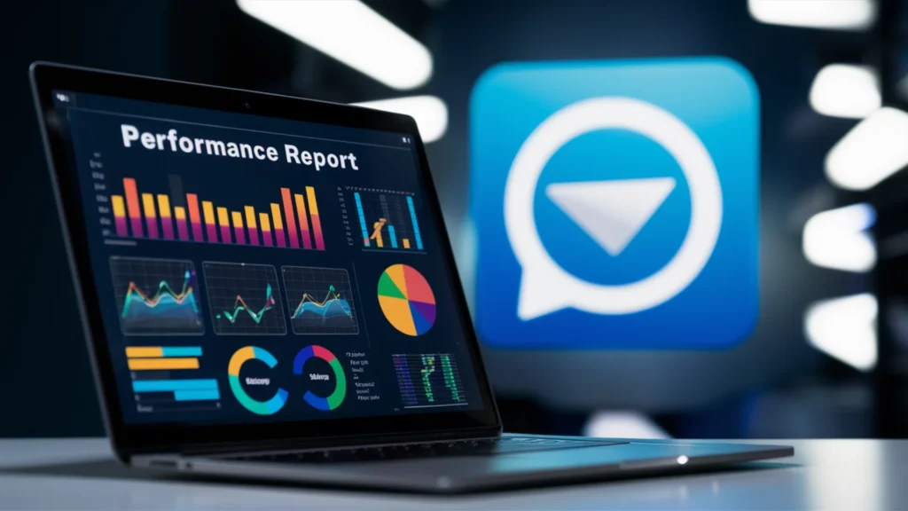 A sleek and modern laptop screen displaying a colorful performance report with various graphs and statistics. In the background, a telegram icon with a simple message, Hello, how can I help you ap