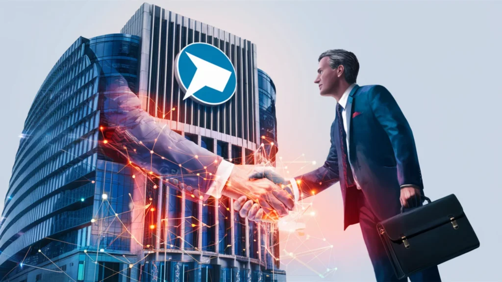 A striking digital illustration of a modern corporate building, adorned with a large Telegram logo on its facade. The building appears to be shaking hands with a well dressed businessman, who is w