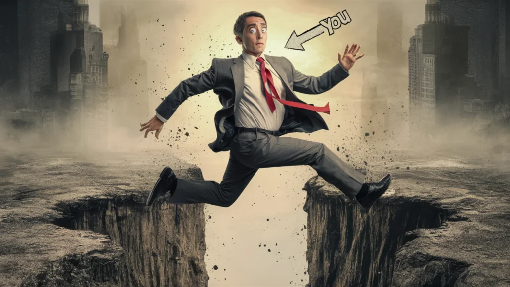 A surreal illustration of a businessman, clad in a suit, jumping above a massive hole in the ground. His body is rigid, and his eyes are wide with surprise. There's an arrow pointing at him with t