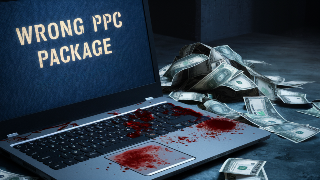 A suspenseful and eerie scene featuring a laptop screen displaying a message Wrong PPC package. Blood is visible on the keyboard and the desktop area, creating a sense of tension. Scattered around