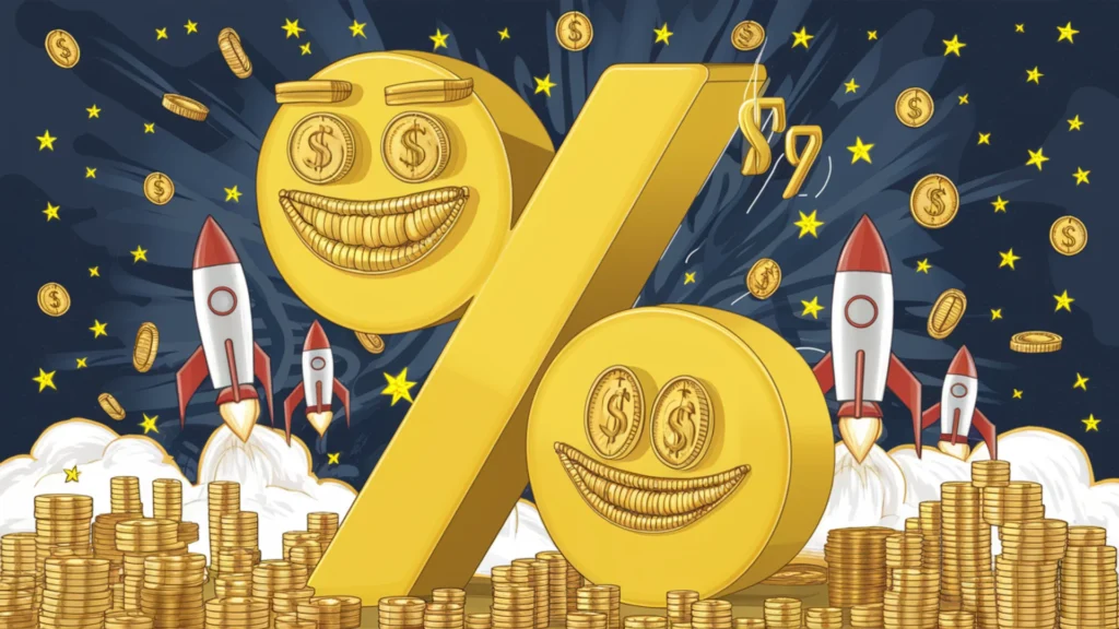 A vibrant and eye catching illustration featuring a large, smiling percentage sign. The eyes and mouth of the sign are made up of gold coins, and it stands against a backdrop of stars, dollars, an