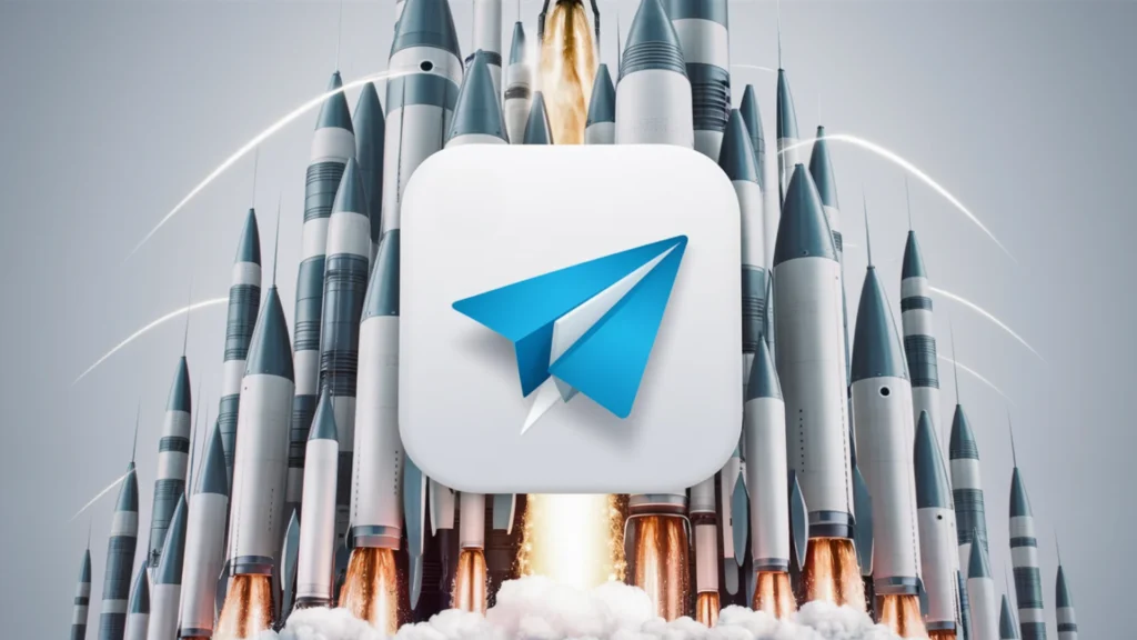 An eye catching design featuring the Telegram app icon with numerous rockets shooting upwards behind it. The Telegram icon is sleek and modern, with a blue chat bubble and white paper airplane. Th