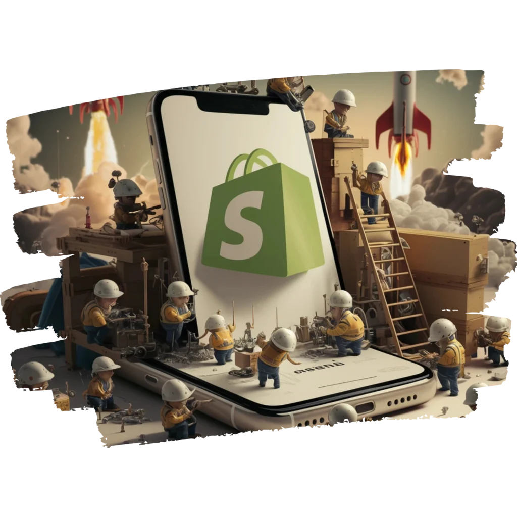 a group of workers around a big shopify logo (2)