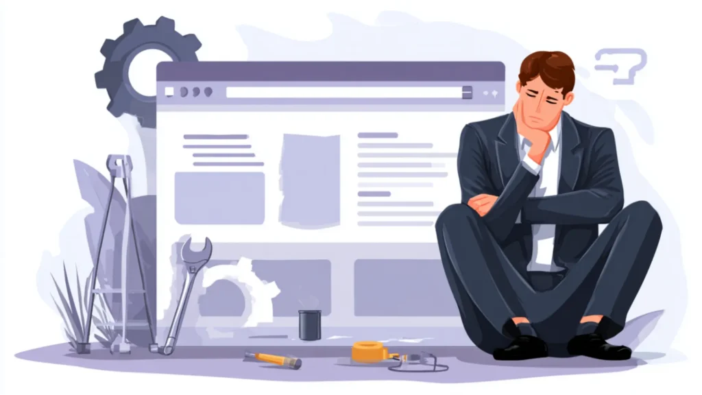a tool for fixing a web page and a businessman looks at it wondering