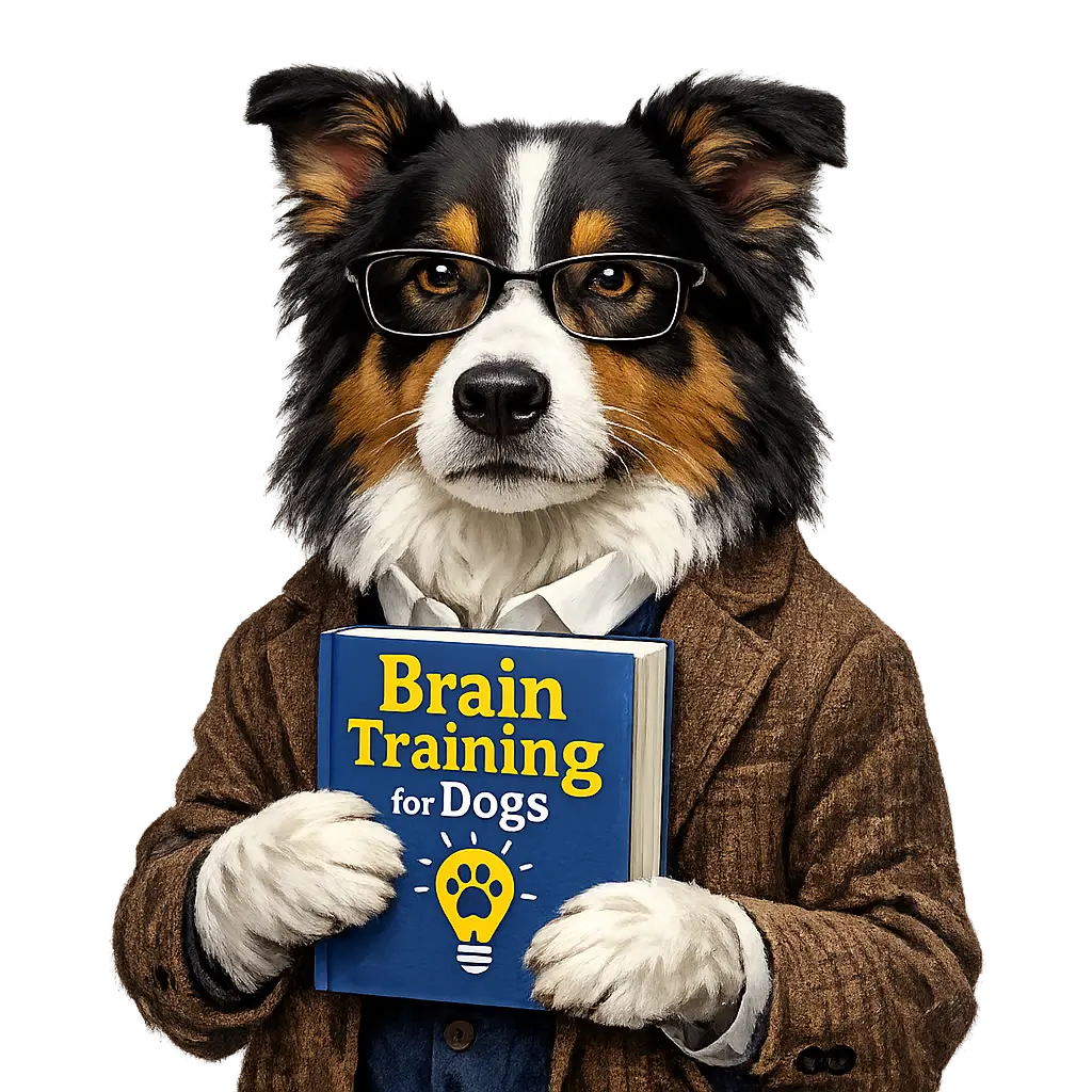 smart dog holding a book