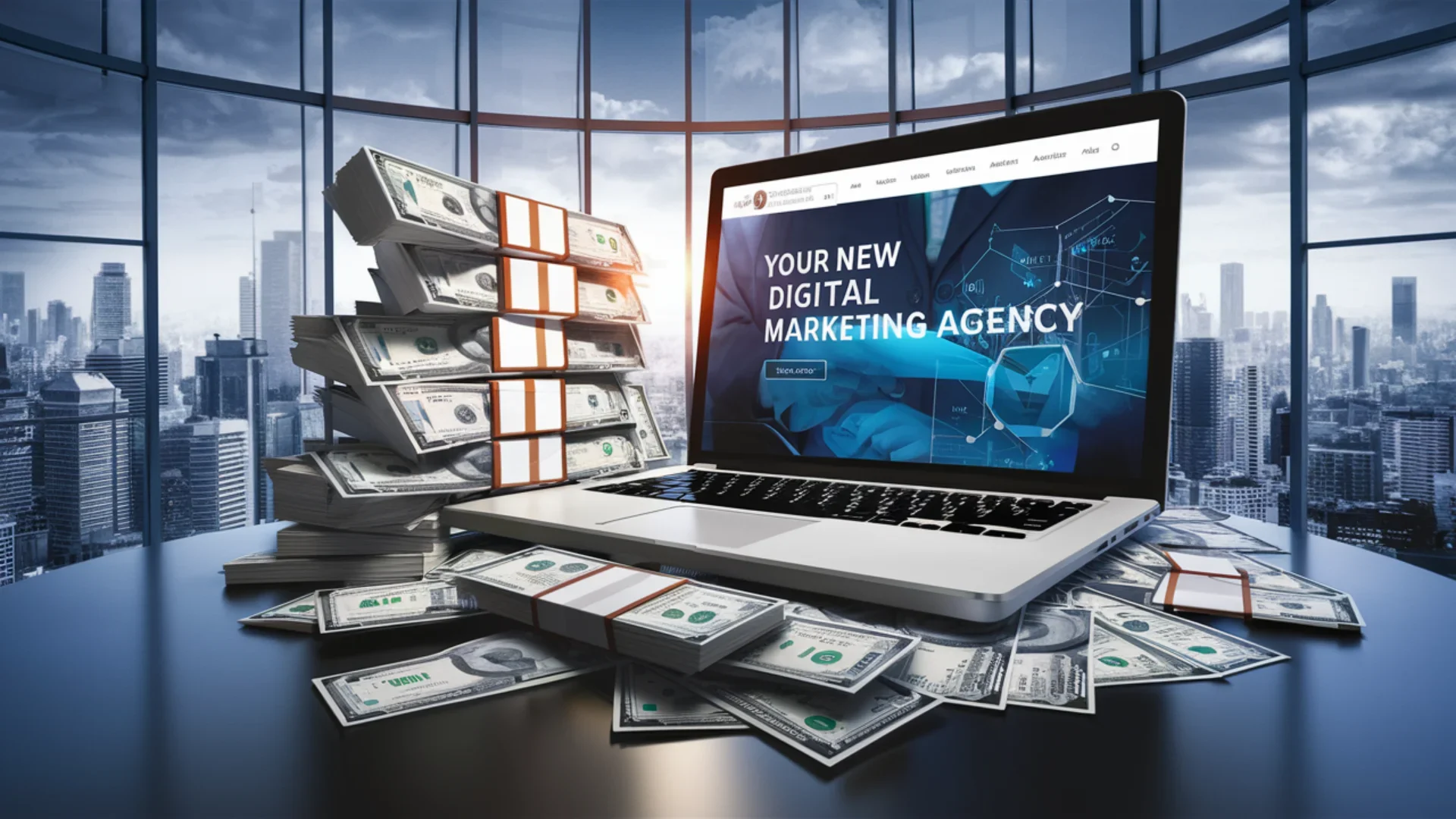 A captivating business scene featuring a sleek laptop resting on a table, alongside an impressive stack of cash. The laptop screen displays a professional website design with the title Your New Di