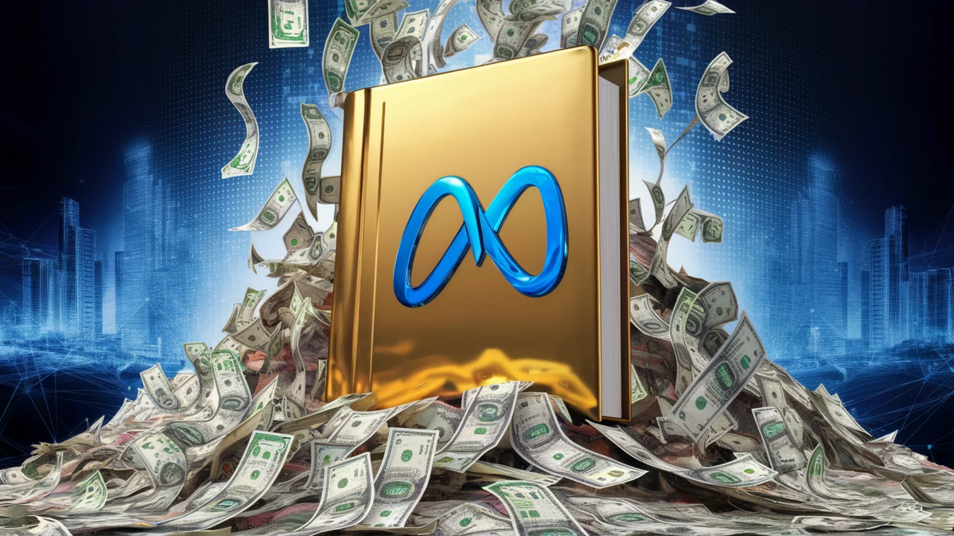 A captivating digital art piece featuring a golden book that contains the iconic blue Meta logo on its cover. The book ispositioned on a mountain of colorful banknotes, with crisp $100 bills casca