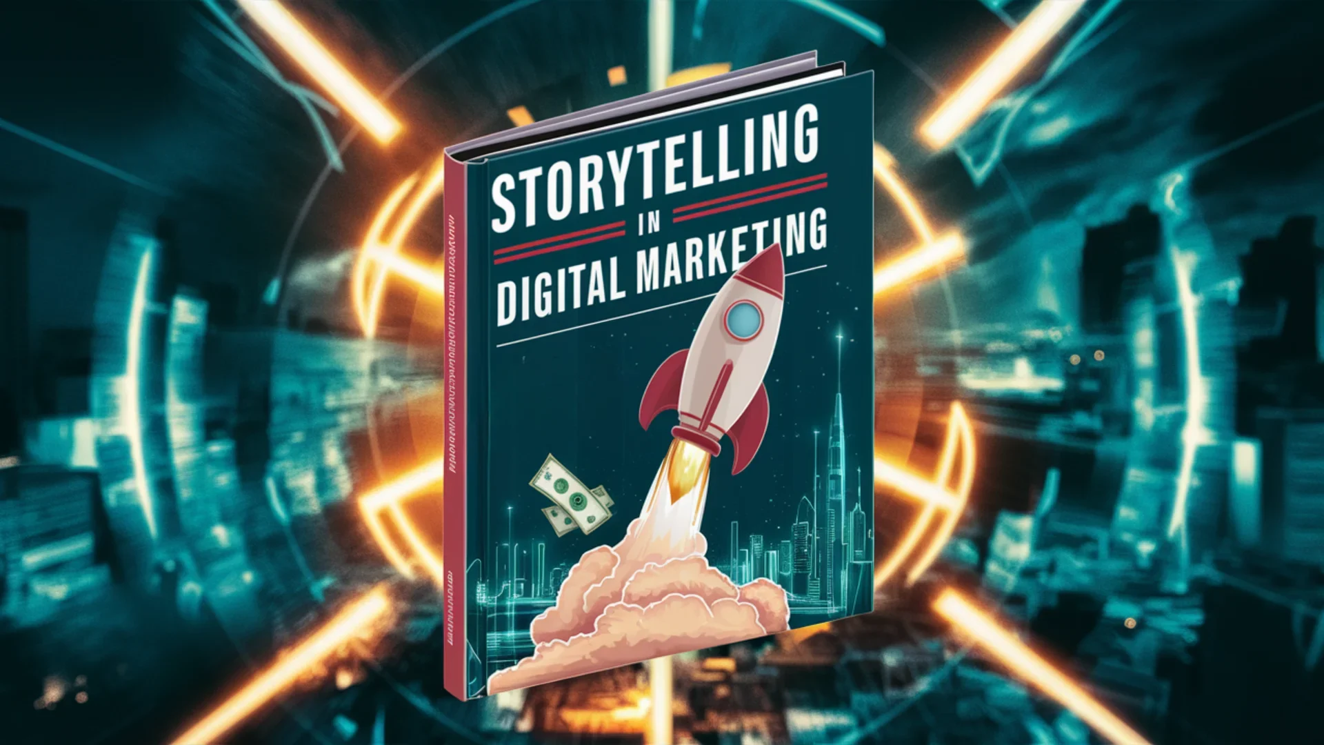 A captivating digital illustration of a captivating storybook titled Storytelling in Digital Marketing. The cover art features a rocket blasting off with money trailing behind it, symbolizing the