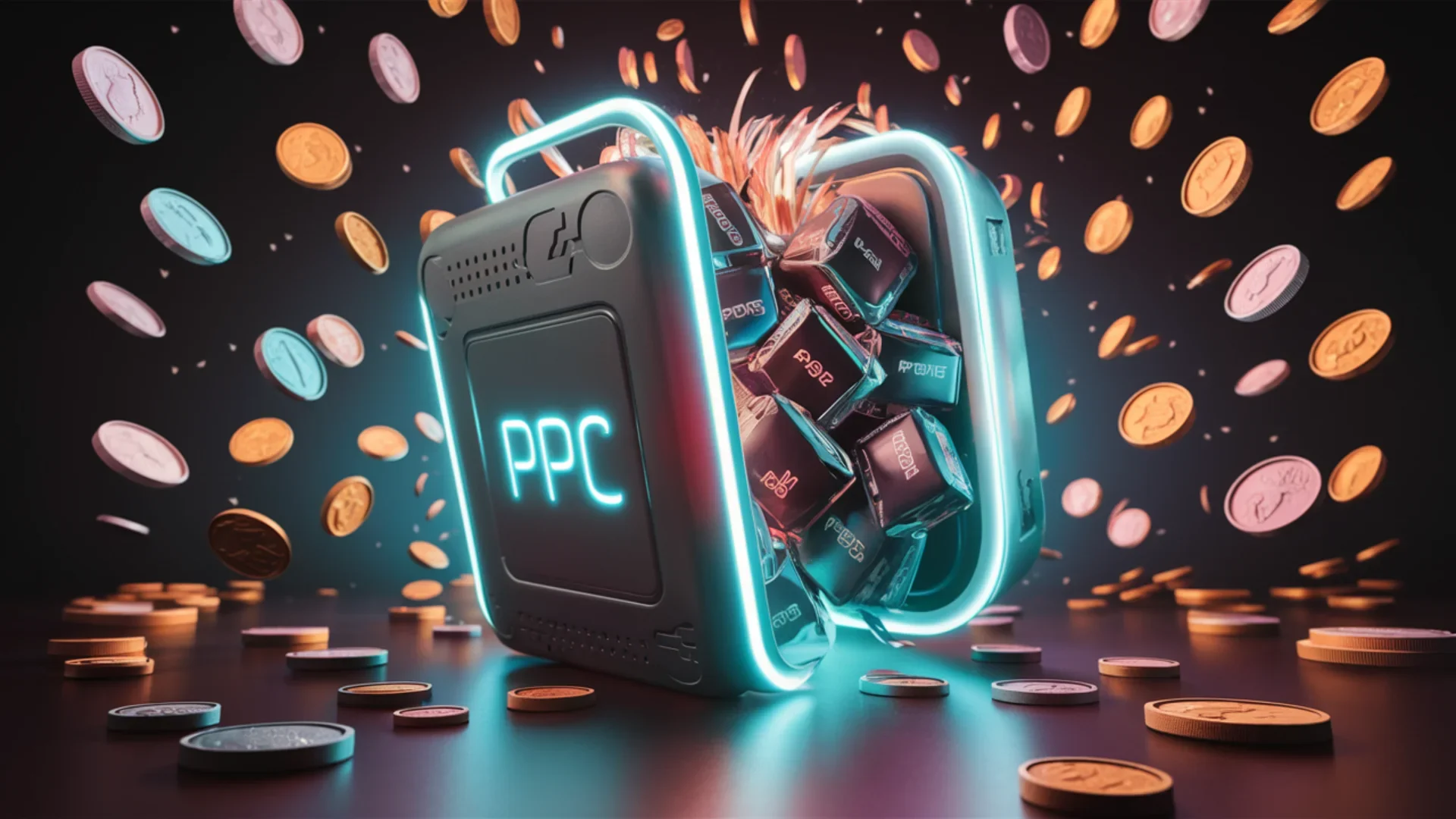 A captivating digital illustration of a central electronic package labeled PPC, with glowing neon lights. The package emits a futuristic aura, and it appears to be opening, revealing a burst of sm