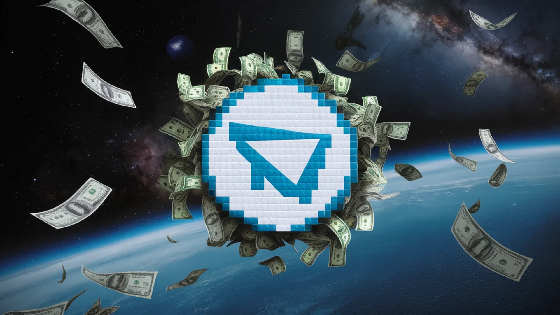 A creative and captivating pixel art representation of the Telegram logo floating in the vastness of space. The logo is surrounded by floating dollar bills, adding a playful and surreal touch to t