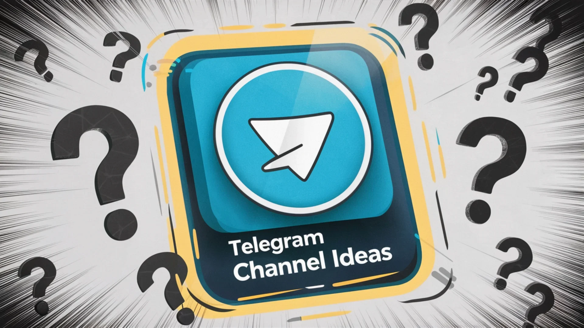 A creative illustration of a Telegram app icon, with the title Telegram Channel Ideas displayed on a digital screen. The icon is surrounded by floating question marks, symbolizing brainstorming an