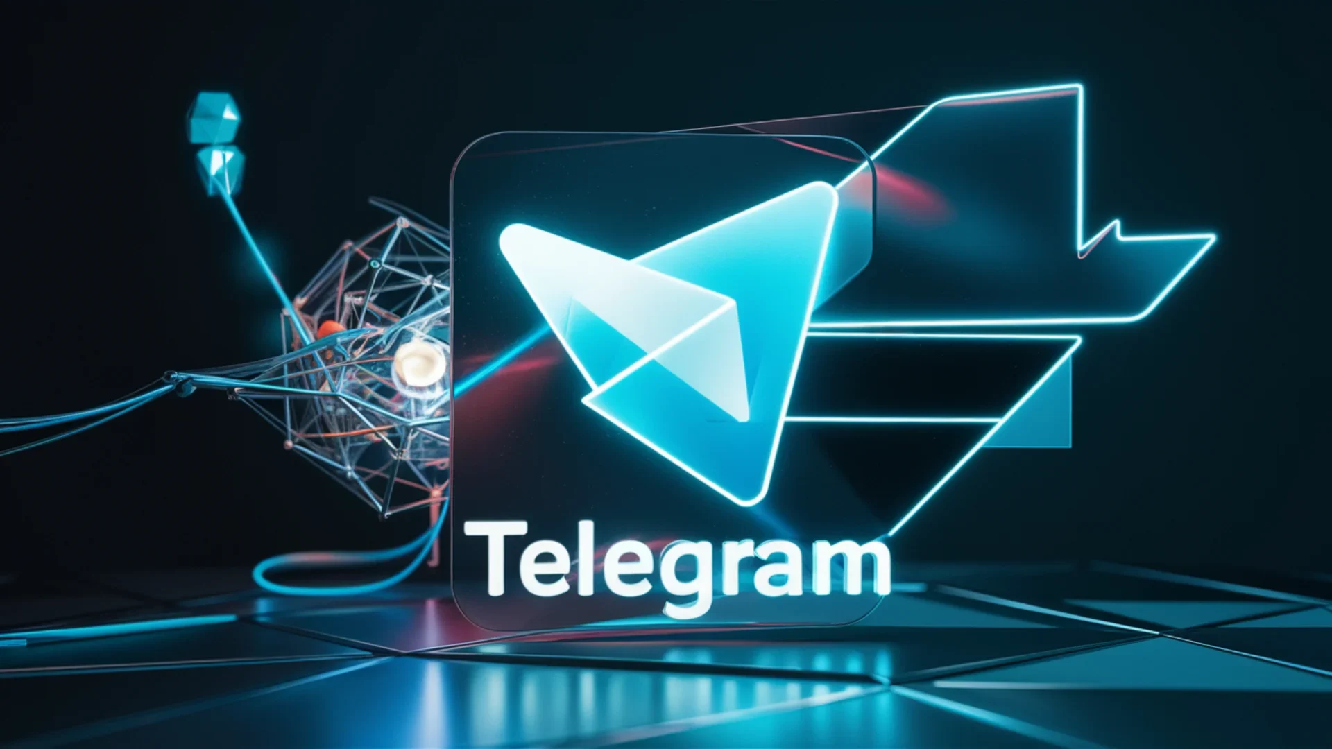 A futuristic and edgy reimagining of the Telegram logo, presented in a sleek, neon color palette with a touch of AI inspired elements. The logo is accompanied by a cool, glowing AI neural network