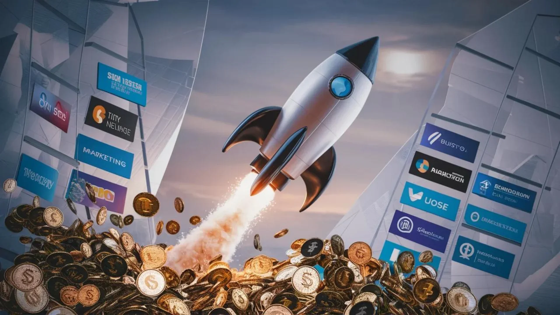 A striking digital illustration of a successful marketing strategy where a sleek rocket ship is launching skywards, leaving a trail of digitalcurrency coins behind. The rocket is adorned with bann (1)